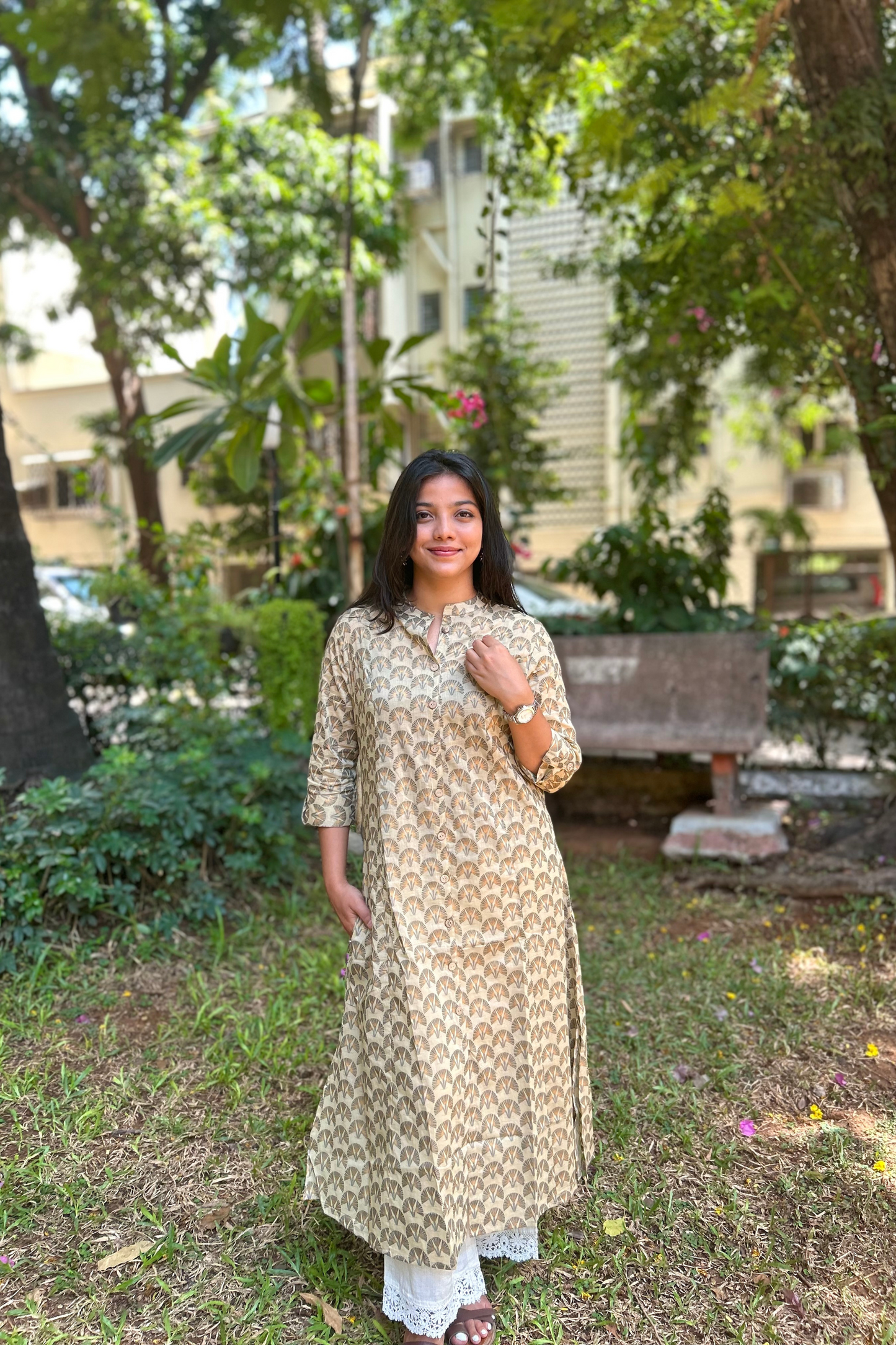 Beige A-Line Printed Kurta in pure cotton fabric