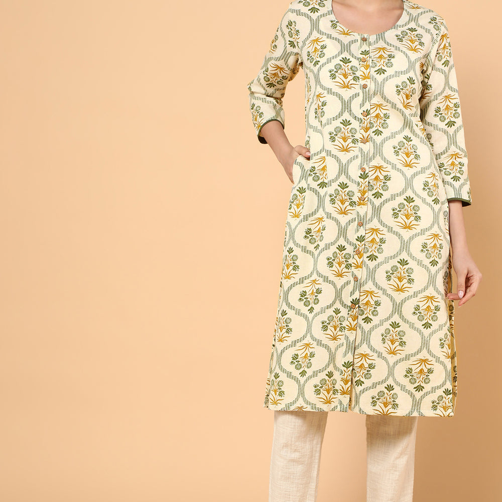 CREAM FLORAL PRINTED KURTA WITH FRONT BUTTONS