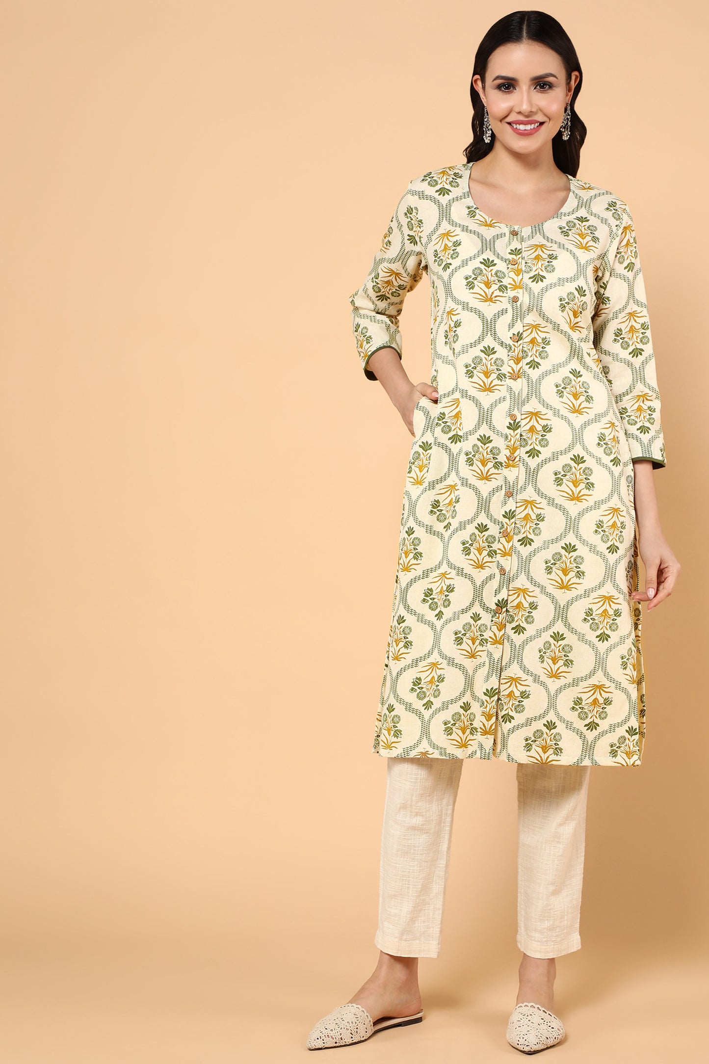 CREAM FLORAL PRINTED KURTA WITH FRONT BUTTONS