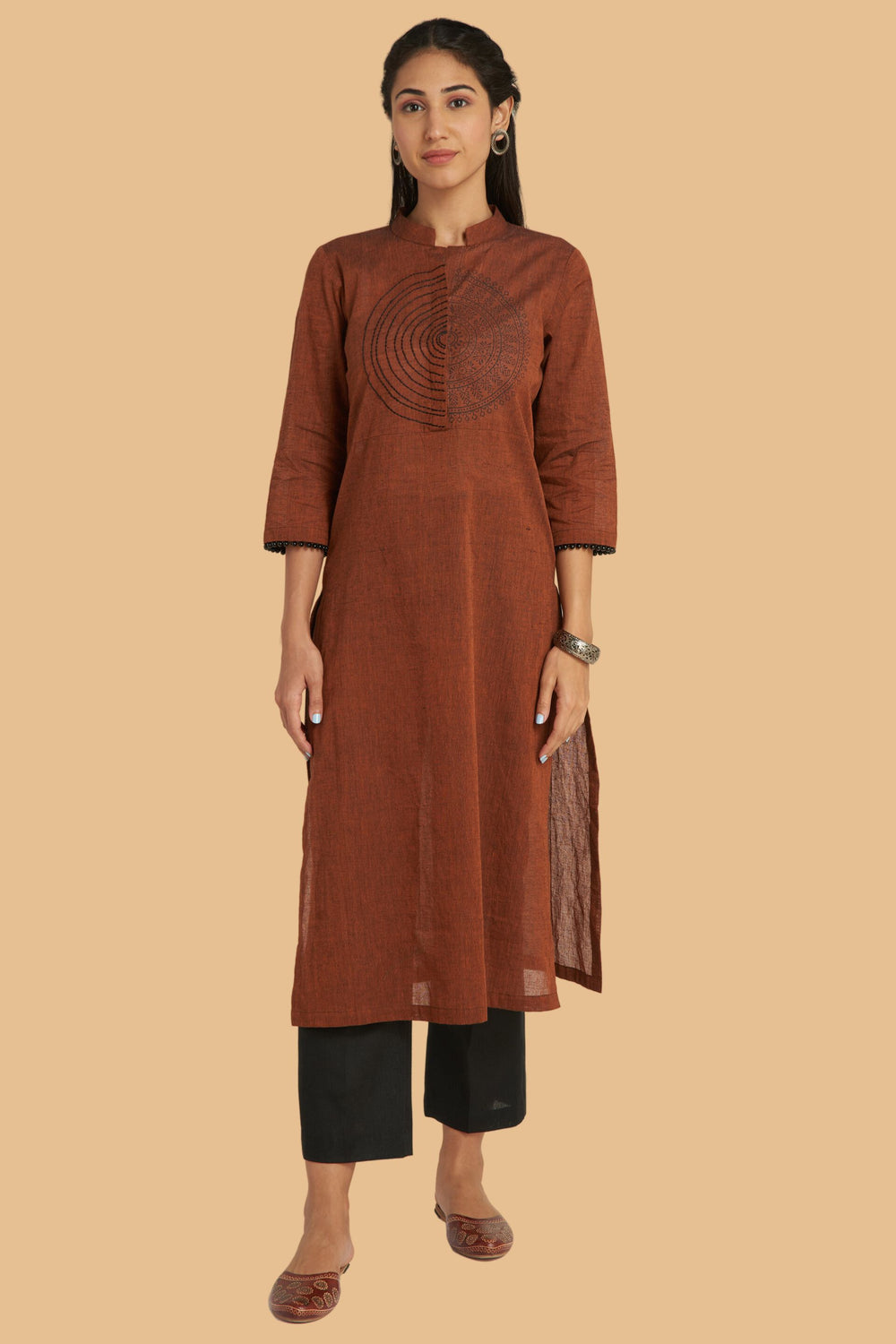 Hand-Block Printed Kurta With Thread-Work Embroidery