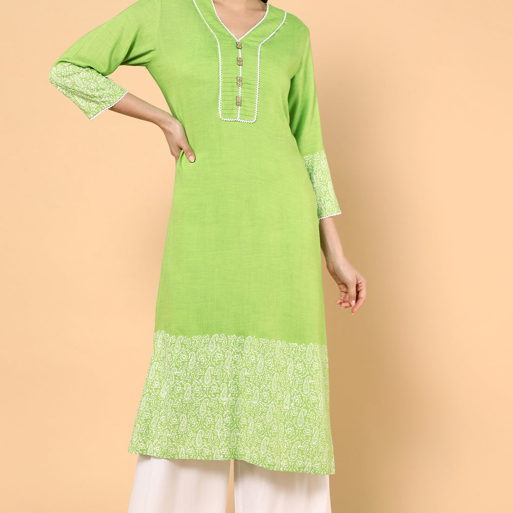 Womens Lime Green Block Printed  Kurta