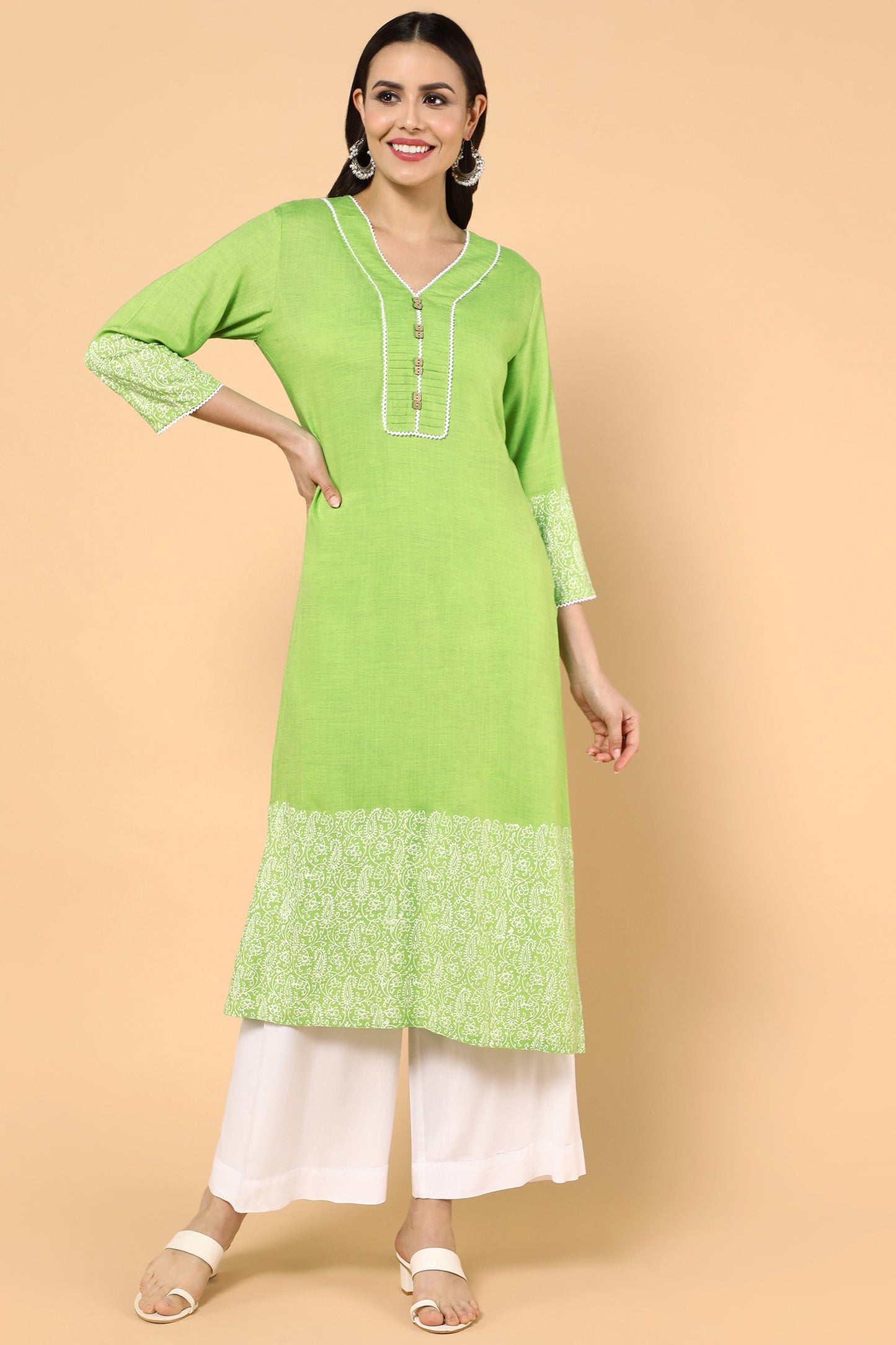 Womens Lime Green Block Printed  Kurta