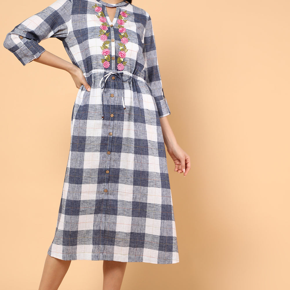 Classic Checks Printed White and Blue Dress With Embroidery