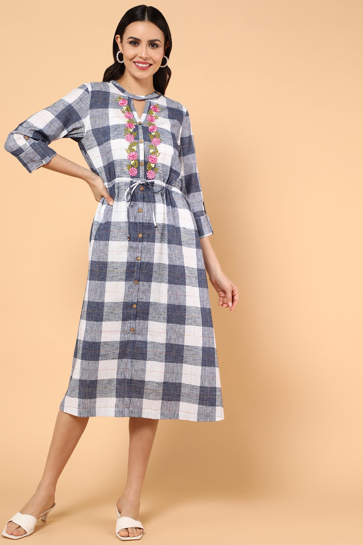 Classic Checks Printed White and Blue Dress With Embroidery