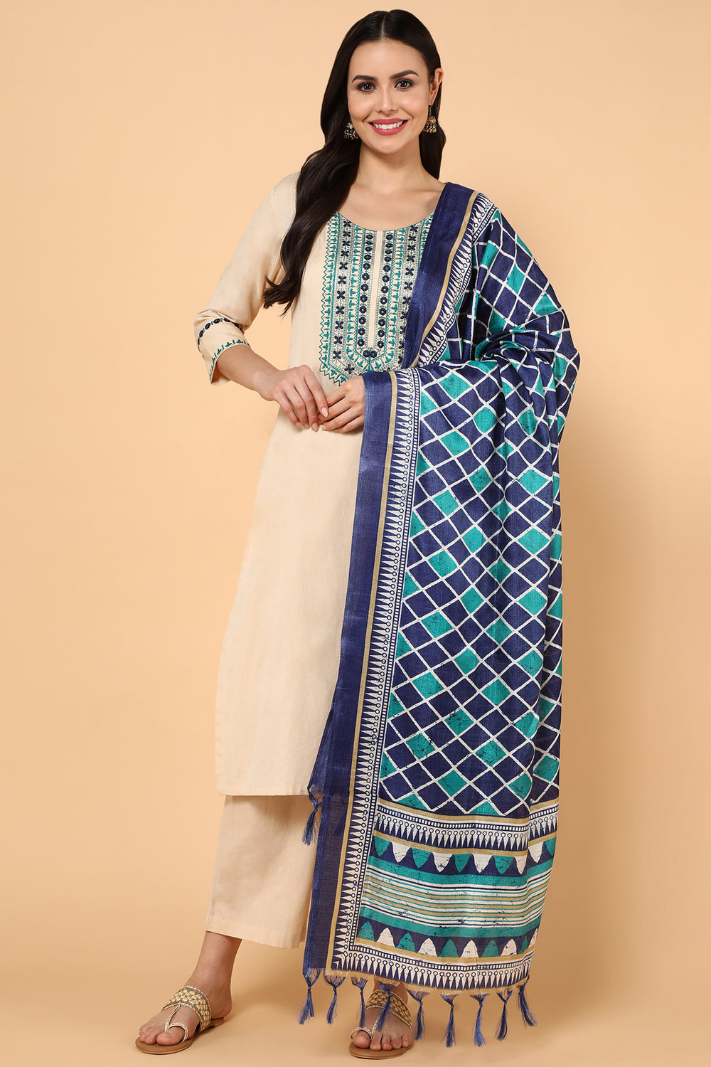 Women Embroidered Sequinned Pure Cotton Linen Kurta With Trousers & Dupatta