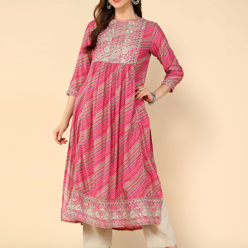 Pink Ethnic Motifs Printed Thread Work Block Print Anarkali Kurta