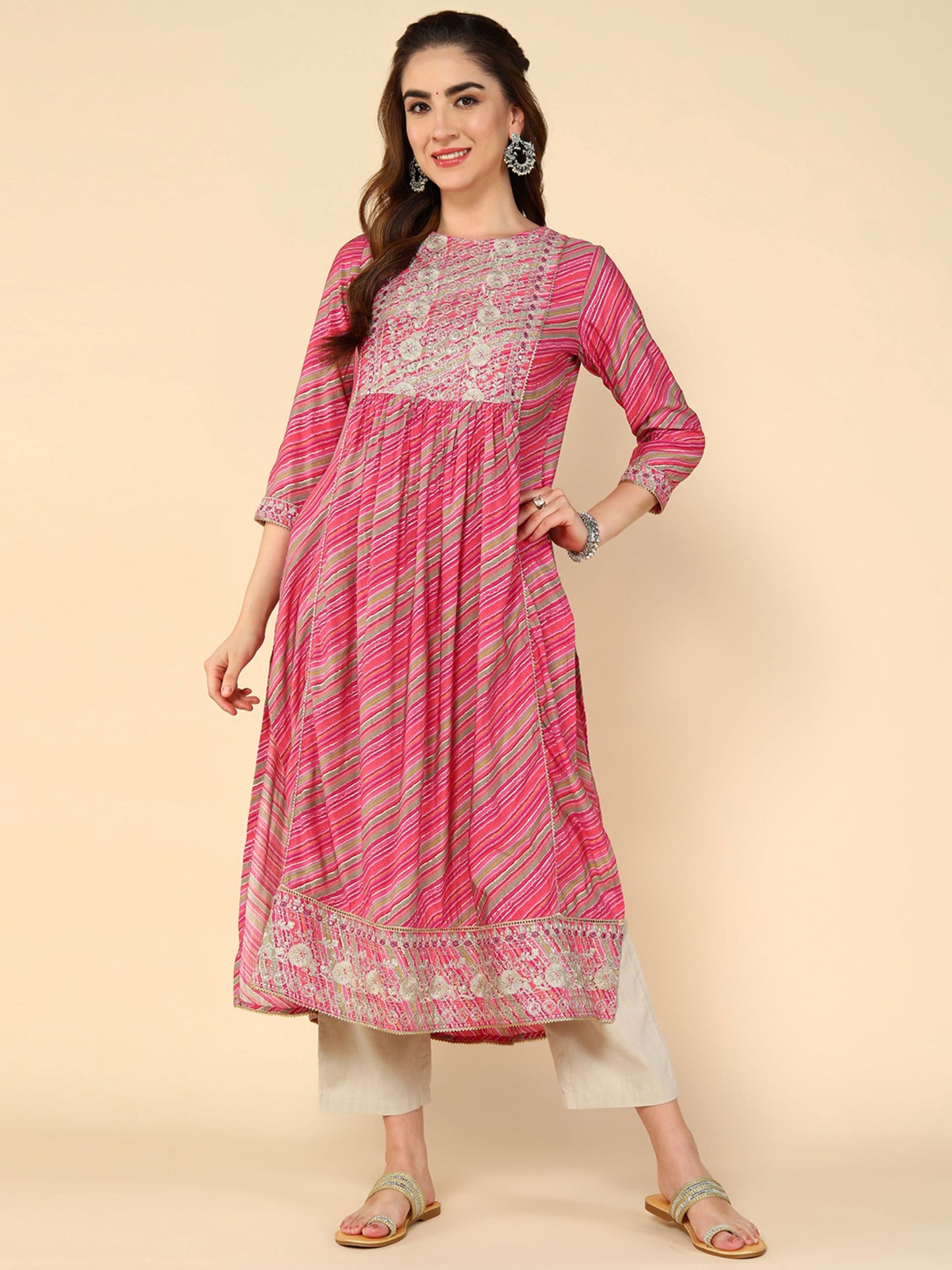 Pink Ethnic Motifs Printed Thread Work Block Print Anarkali Kurta