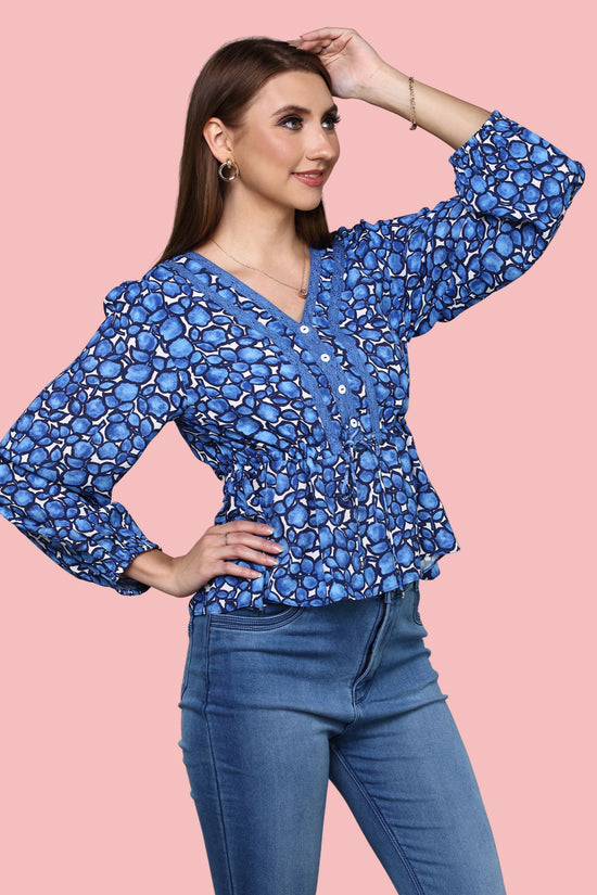V- neckline Blue Printed  top with lace detail ,balloon sleeve