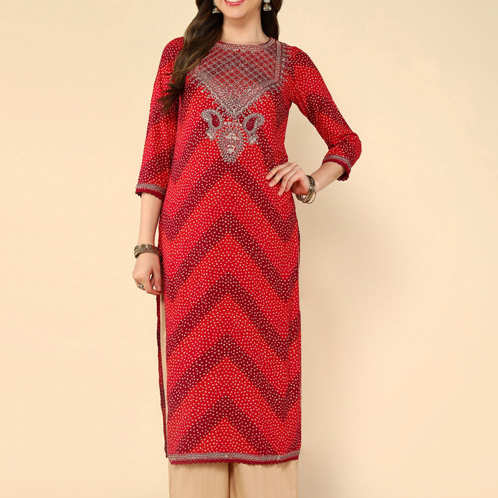 Multi Maroon And Red Geometric Printed Thread Work Kurta