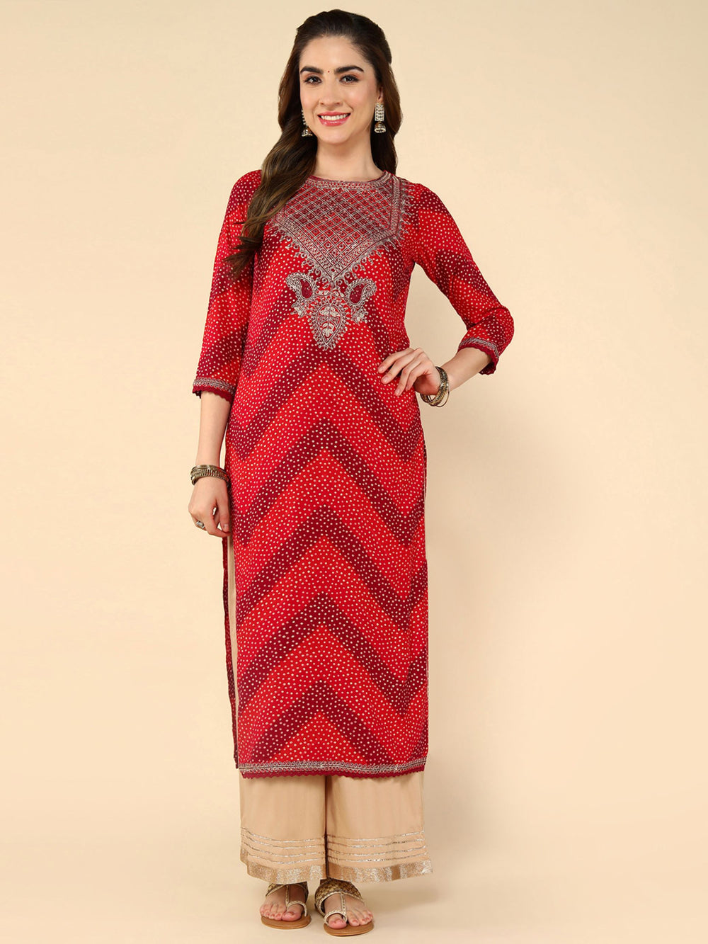 Multi Maroon And Red Geometric Printed Thread Work Kurta