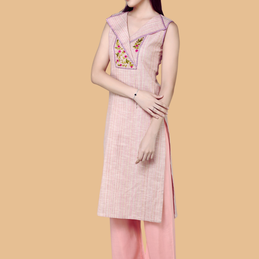 
                      
                        Semi- Knotch Collared Embroidered Yoke  Sleveless Kurta With Palazzos
                      
                    