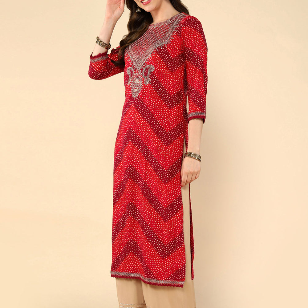 
                      
                        Multi Maroon And Red Geometric Printed Thread Work Kurta
                      
                    