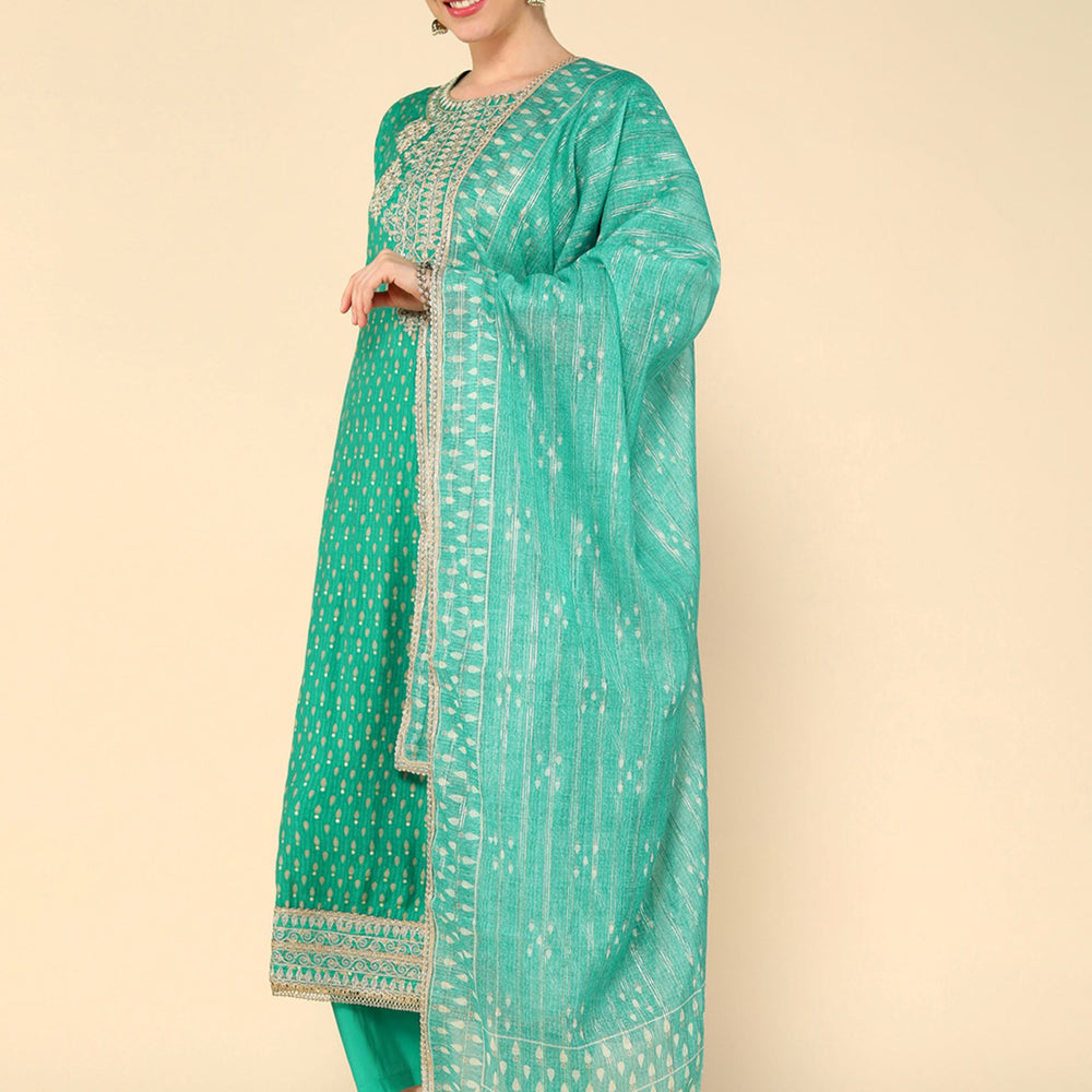 
                      
                        Parrot Green Muslin Gold dori embroidered flared kurta with straight trouser and organza printed dupatta
                      
                    