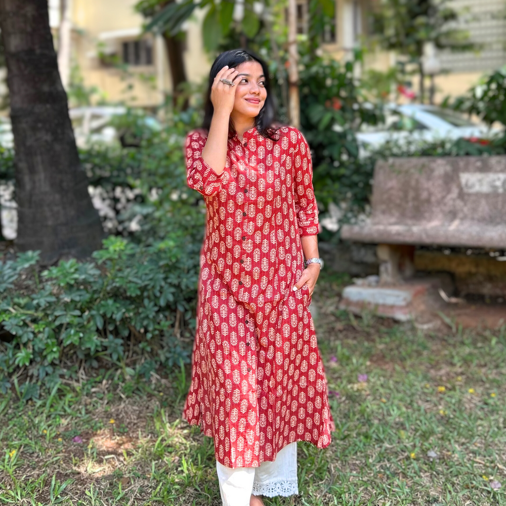 
                      
                        Red A-Line Kantha Kurta With Beige Floral Motifs In Pure Cotton Fabric
                      
                    