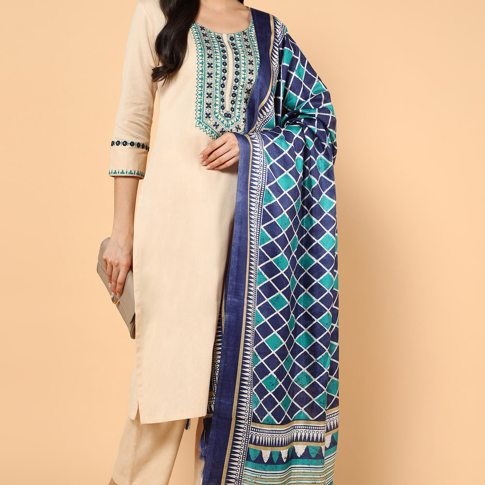 
                      
                        Women Embroidered Sequinned Pure Cotton Linen Kurta With Trousers & Dupatta
                      
                    