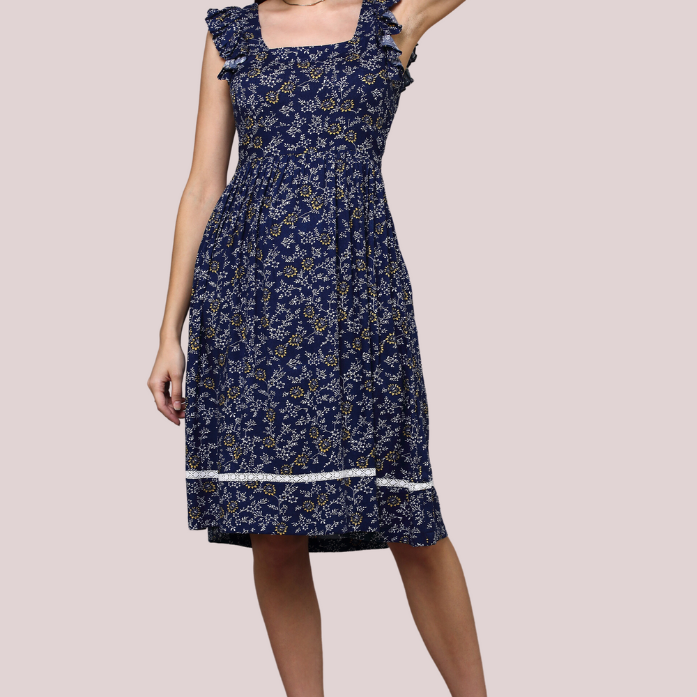 
                      
                        Navy Blue Floral dress with square neckline and lace detail
                      
                    