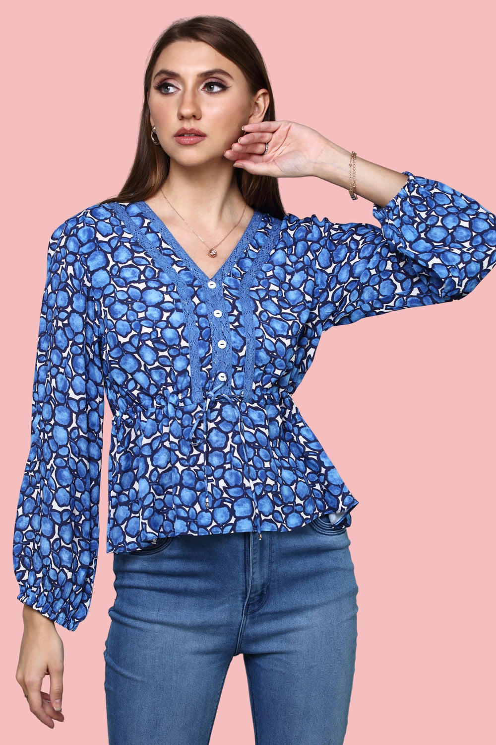 V- neckline Blue Printed  top with lace detail ,balloon sleeve