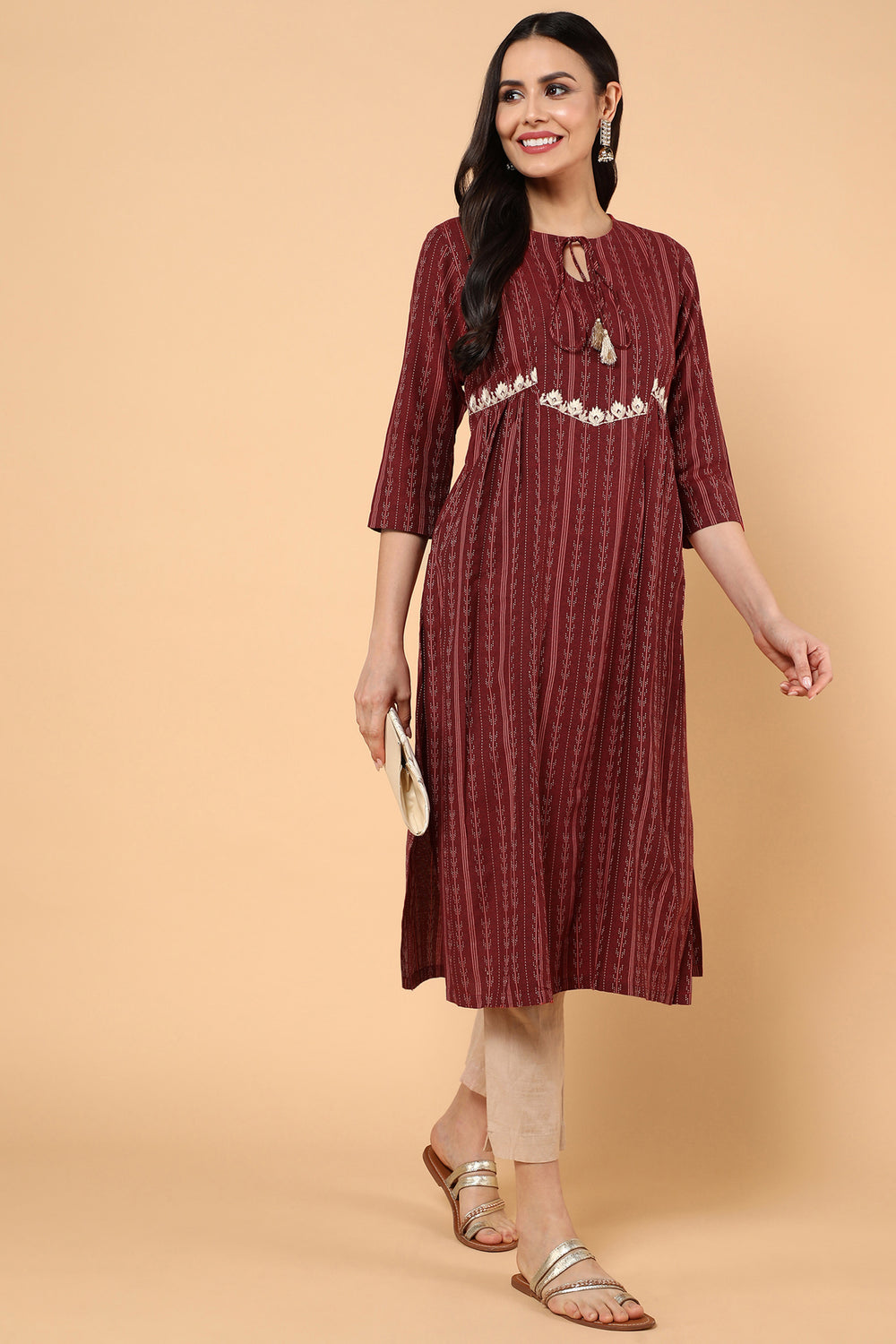 Brick Red Ikkat Printed Kurta