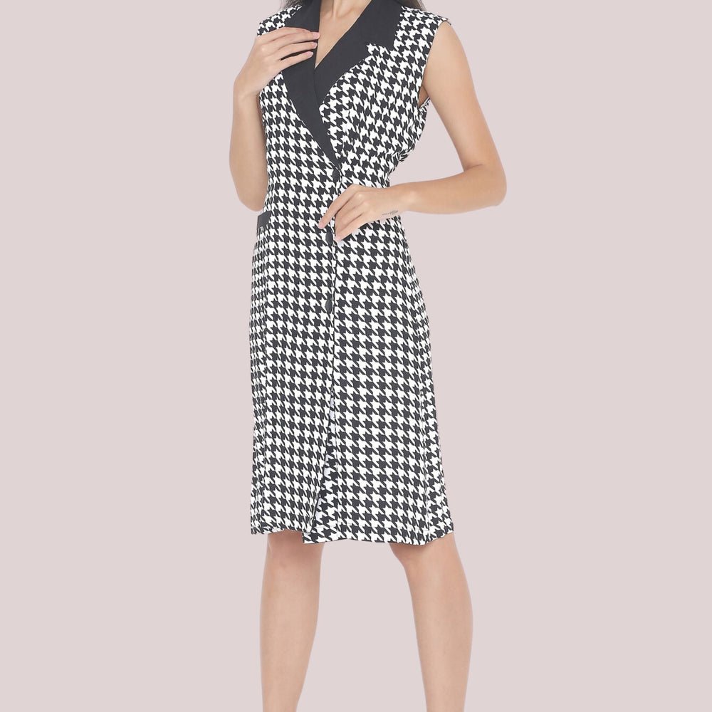 Black and White Sleeveless Houndstooth Coat Dress