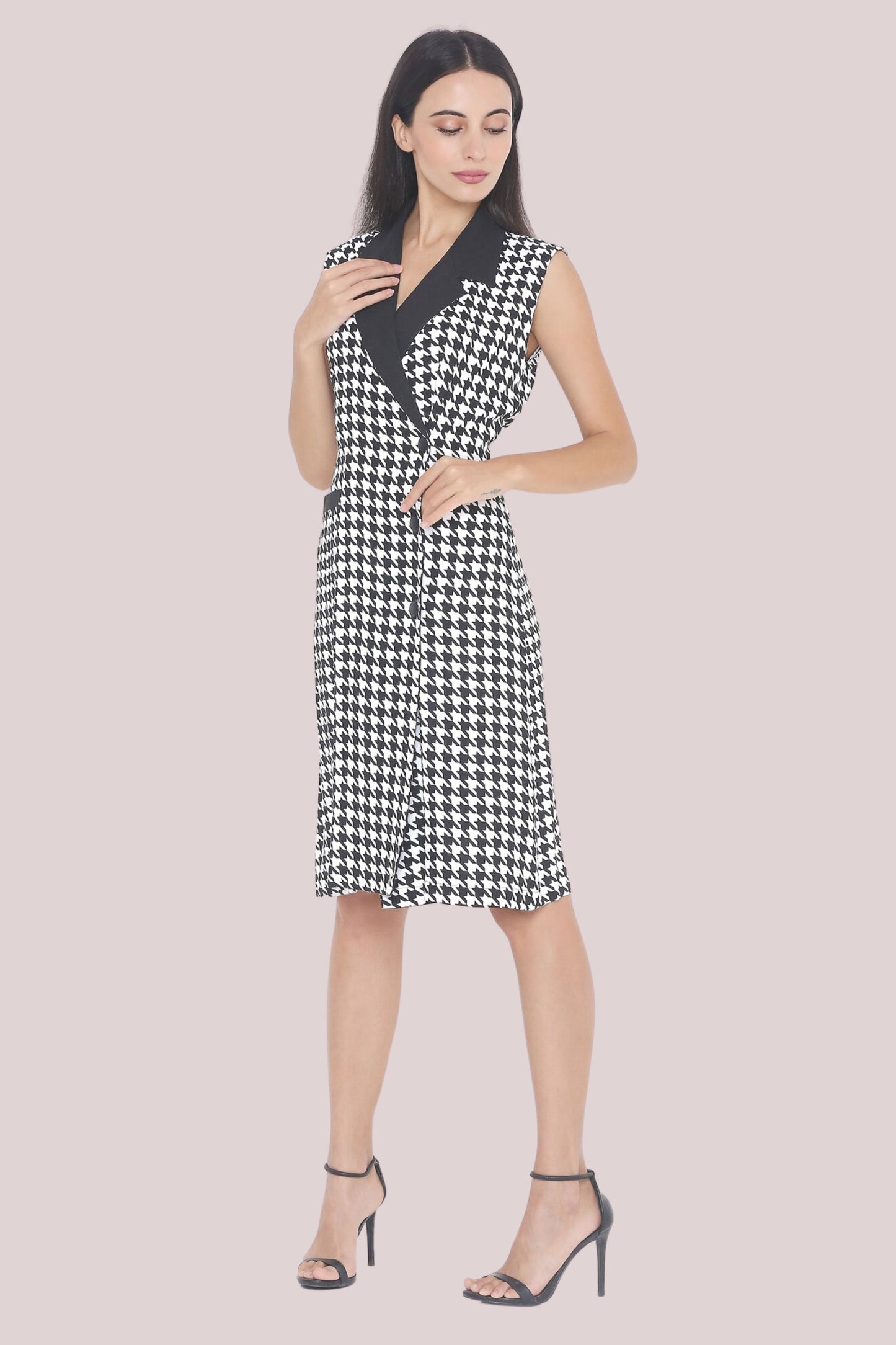 Black and White Sleeveless Houndstooth Coat Dress