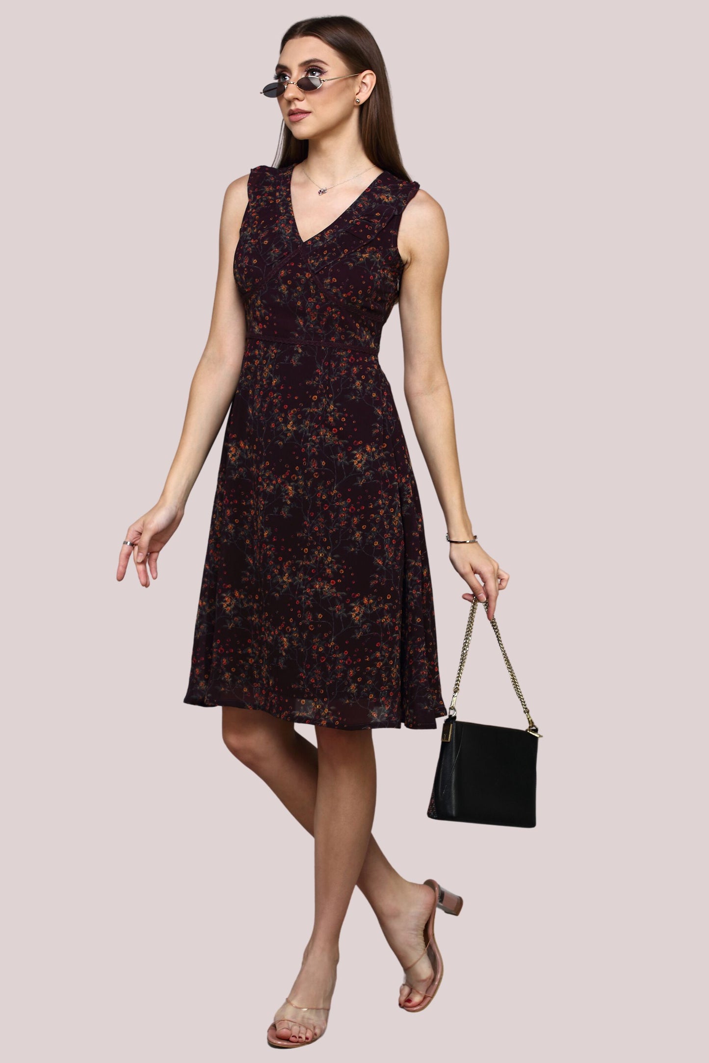 Printed frill dress with lace detail