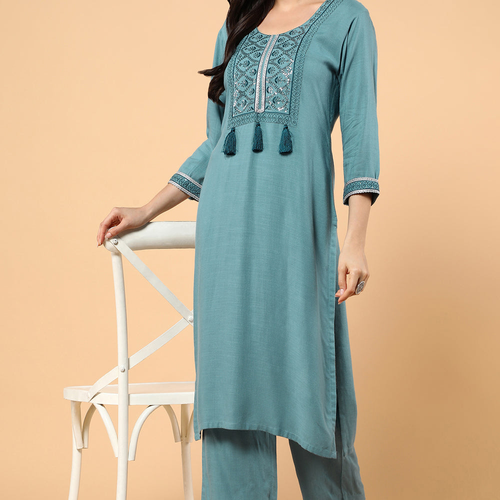 
                      
                        Women Ethnic Motifs Embroidered Sequinned Kurta With Trousers
                      
                    