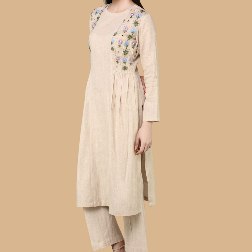 
                      
                        Panneled Kurta With Embroidered Side Yoke With Straight Fit Pants
                      
                    