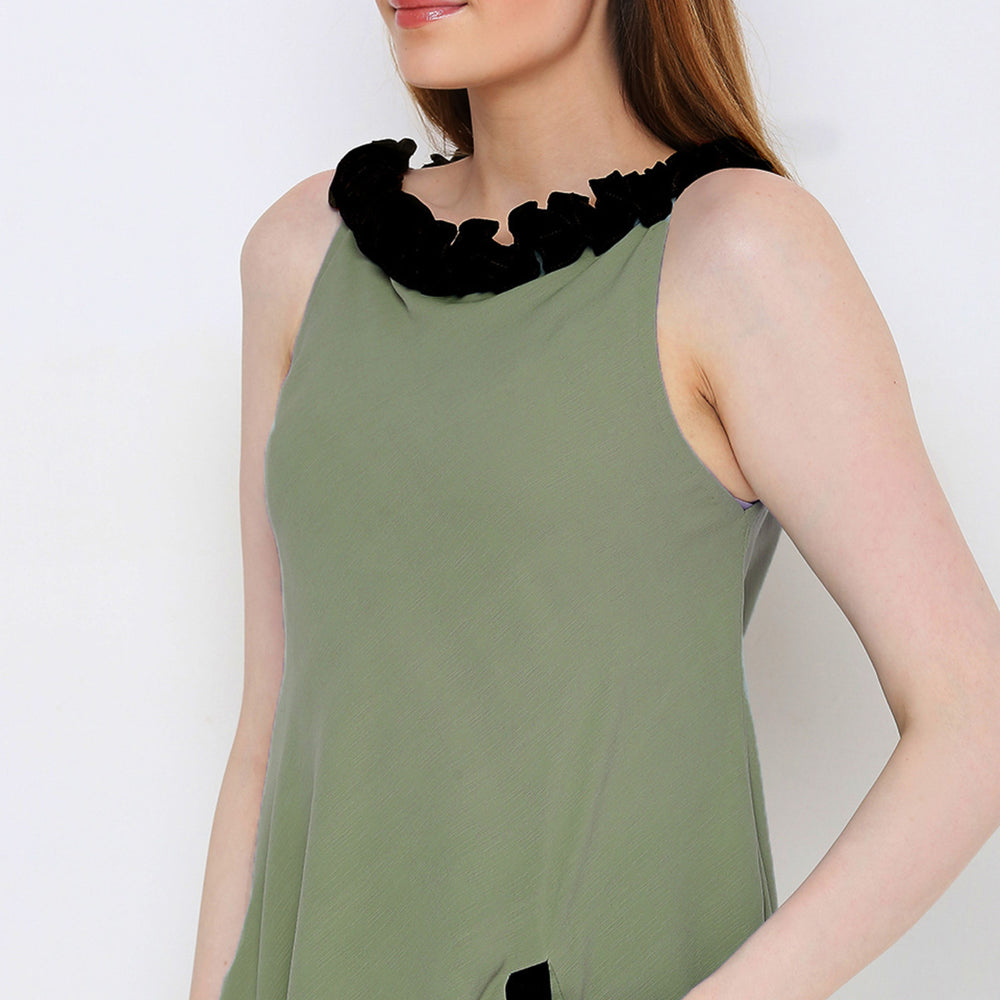 
                      
                        Aturabi Green solid fit & flare dress with side  pocket
                      
                    