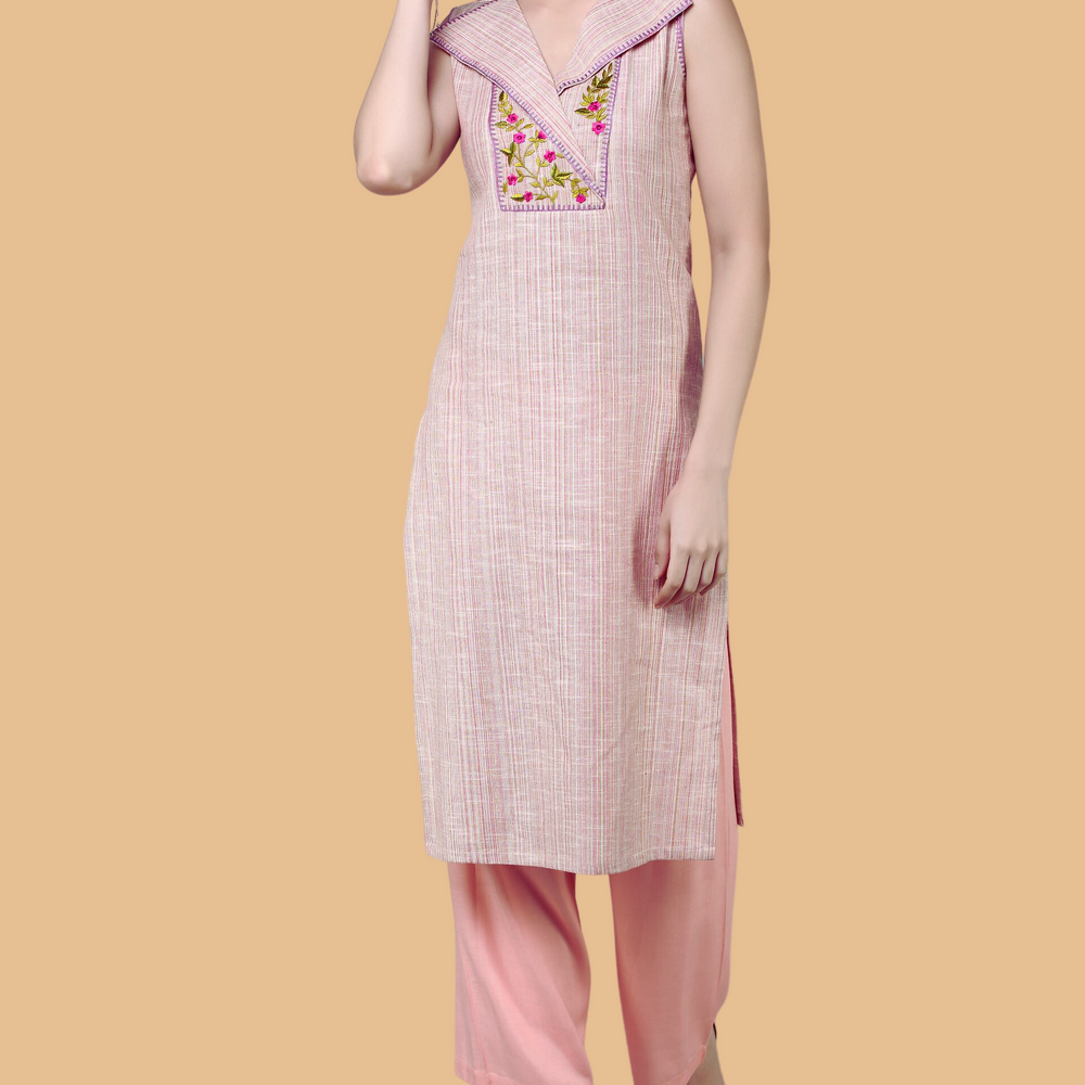 
                      
                        Semi- Knotch Collared Embroidered Yoke  Sleveless Kurta With Palazzos
                      
                    