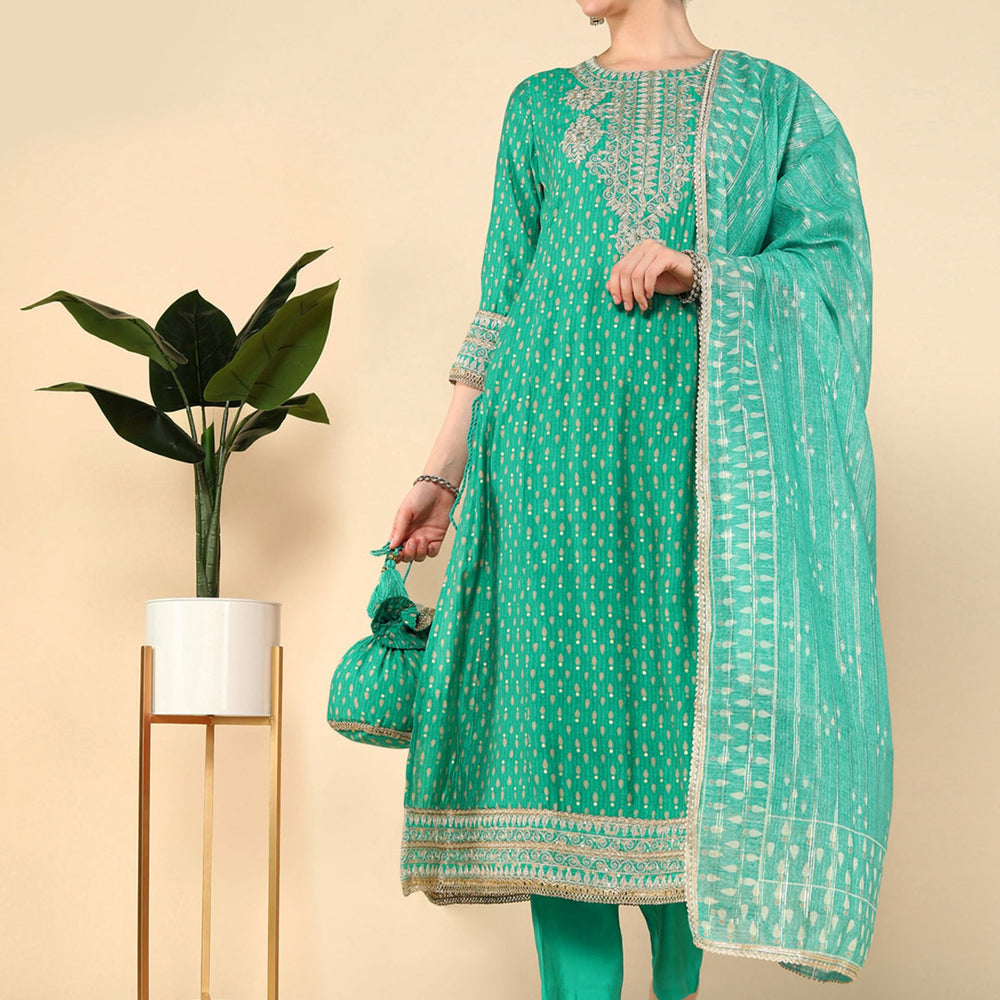 
                      
                        Parrot Green Muslin Gold dori embroidered flared kurta with straight trouser and organza printed dupatta
                      
                    