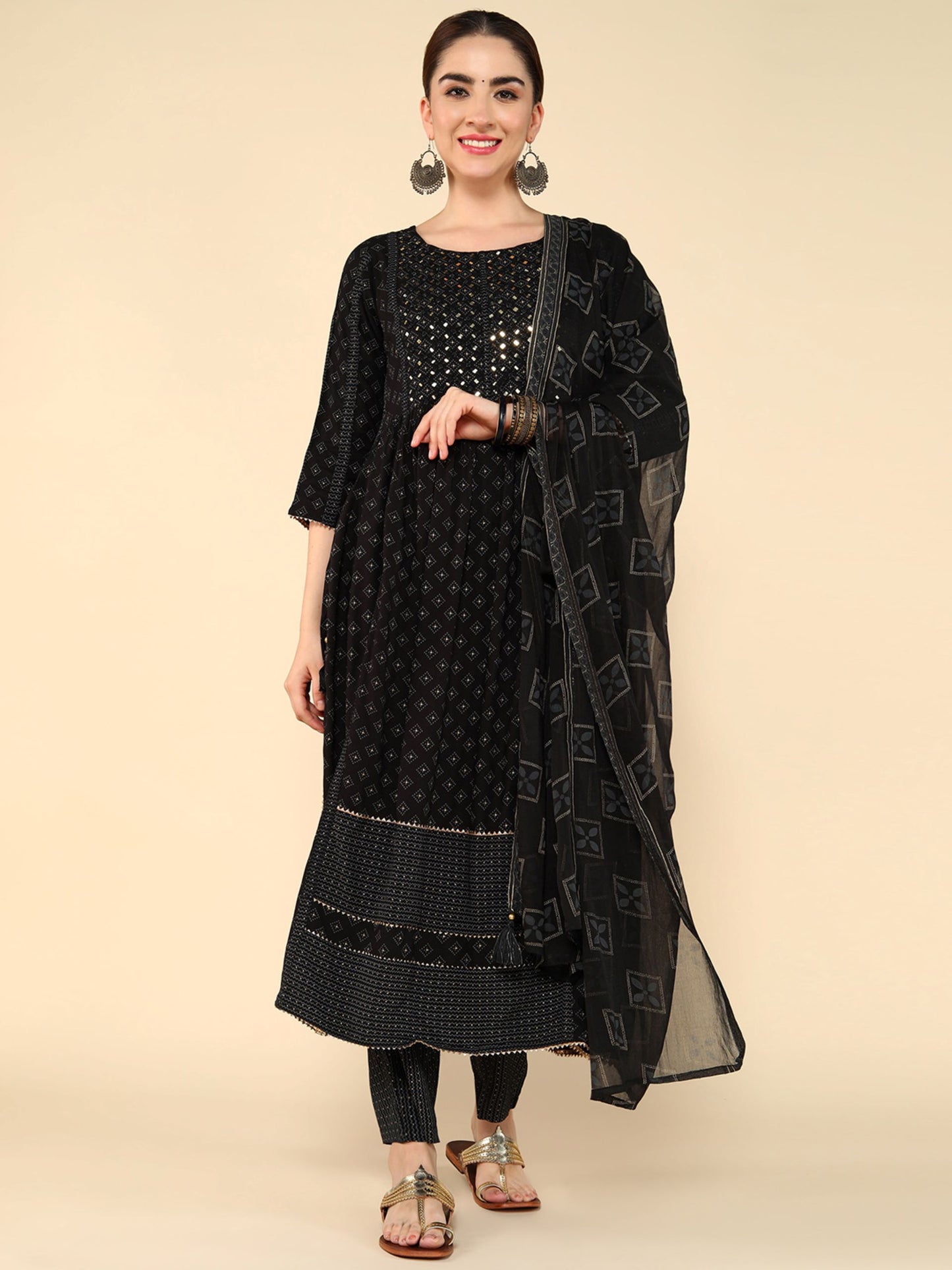 Black Geometric Printed Mirror Work Kurta & Trousers With Dupatta