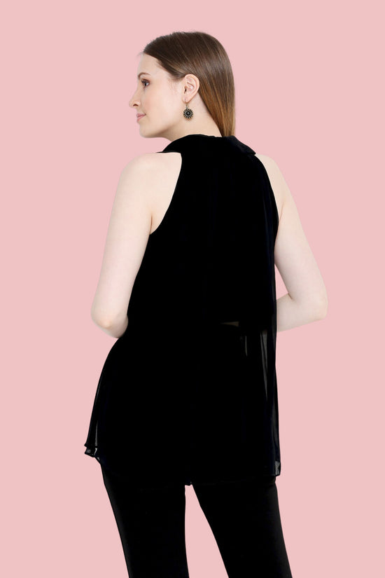 Black Sleeveless Asymmentrical Sleeveless Shirt With Multi-Colour Aari Embroidery
