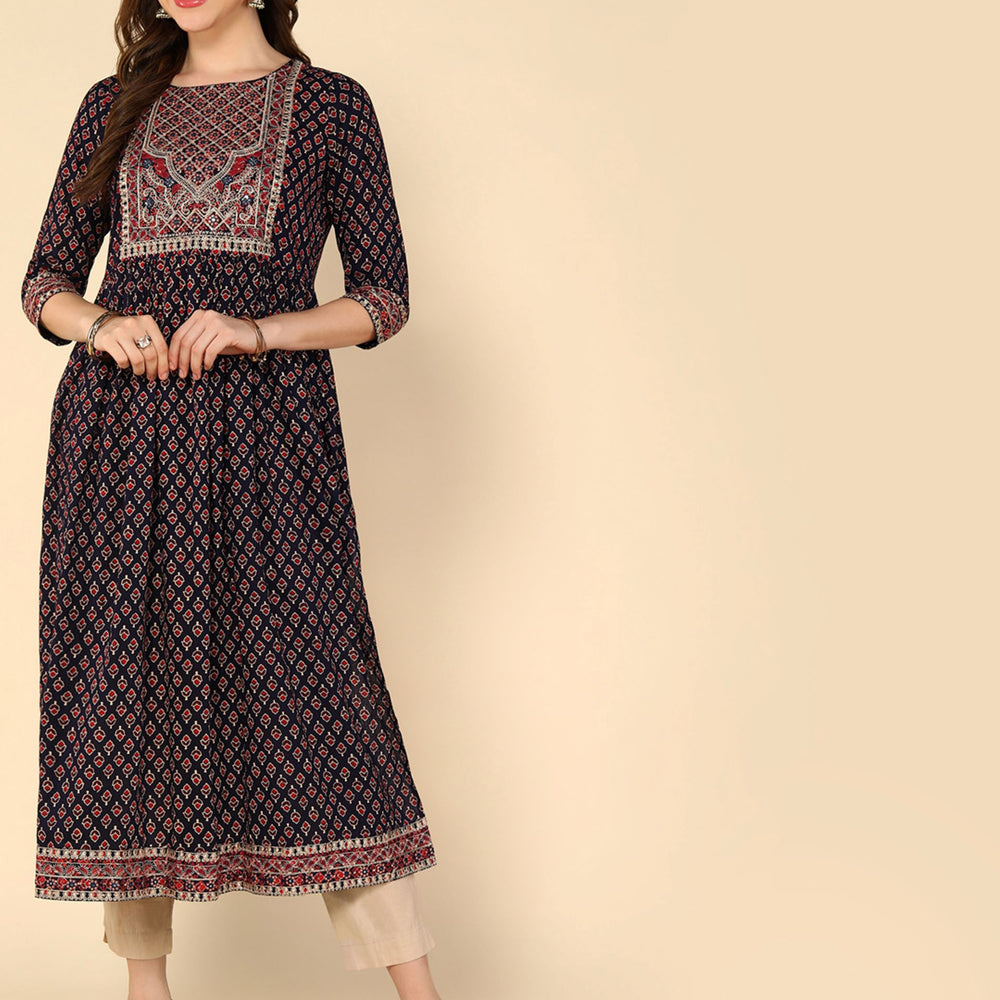 
                      
                        aturabi ajrak print fit and flared pure cotton multi colour yoke embroidery 3/4 th sleeves round neck navy blue and maroon colour kurta
                      
                    