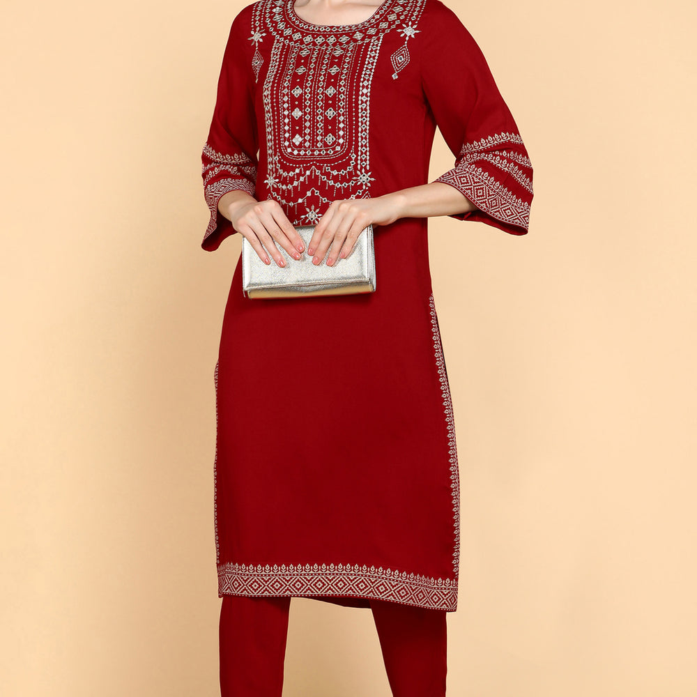 
                      
                        Maroon Kurta Trouser Set With Embroidery
                      
                    