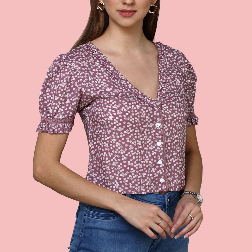 
                      
                        Short Sleeved Floral Printed Purple Top
                      
                    