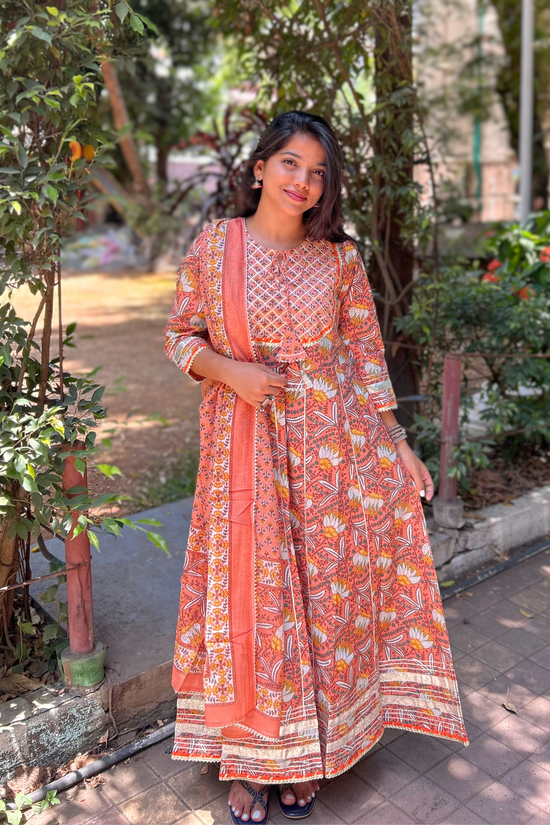 Pure Cotton Floral Hand-Printed Suit Set with Dupatta