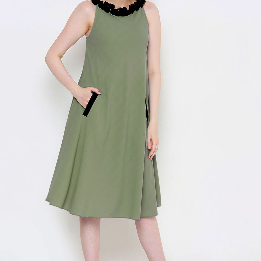 
                      
                        Aturabi Green solid fit & flare dress with side  pocket
                      
                    