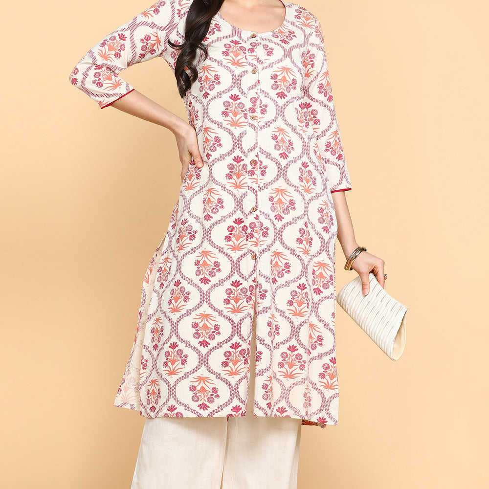 
                      
                        Cream floral printed Kurta With Front Buttons
                      
                    