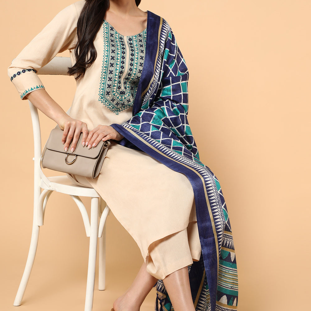 
                      
                        Women Embroidered Sequinned Pure Cotton Linen Kurta With Trousers & Dupatta
                      
                    