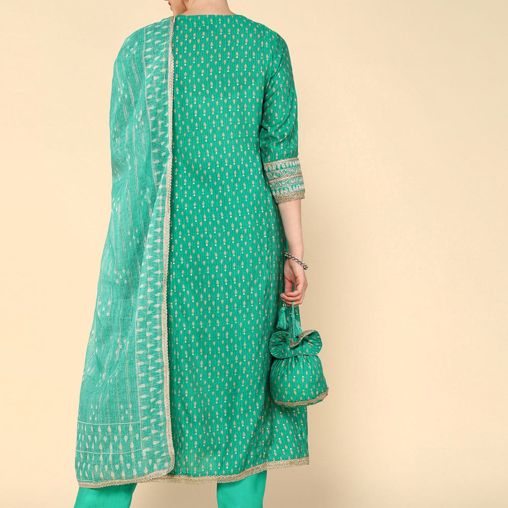 
                      
                        Parrot Green Muslin Gold dori embroidered flared kurta with straight trouser and organza printed dupatta
                      
                    