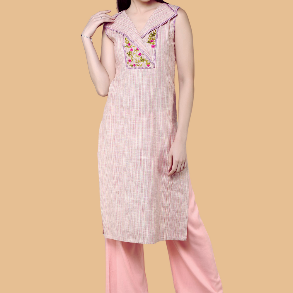 
                      
                        Semi- Knotch Collared Embroidered Yoke  Sleveless Kurta With Palazzos
                      
                    