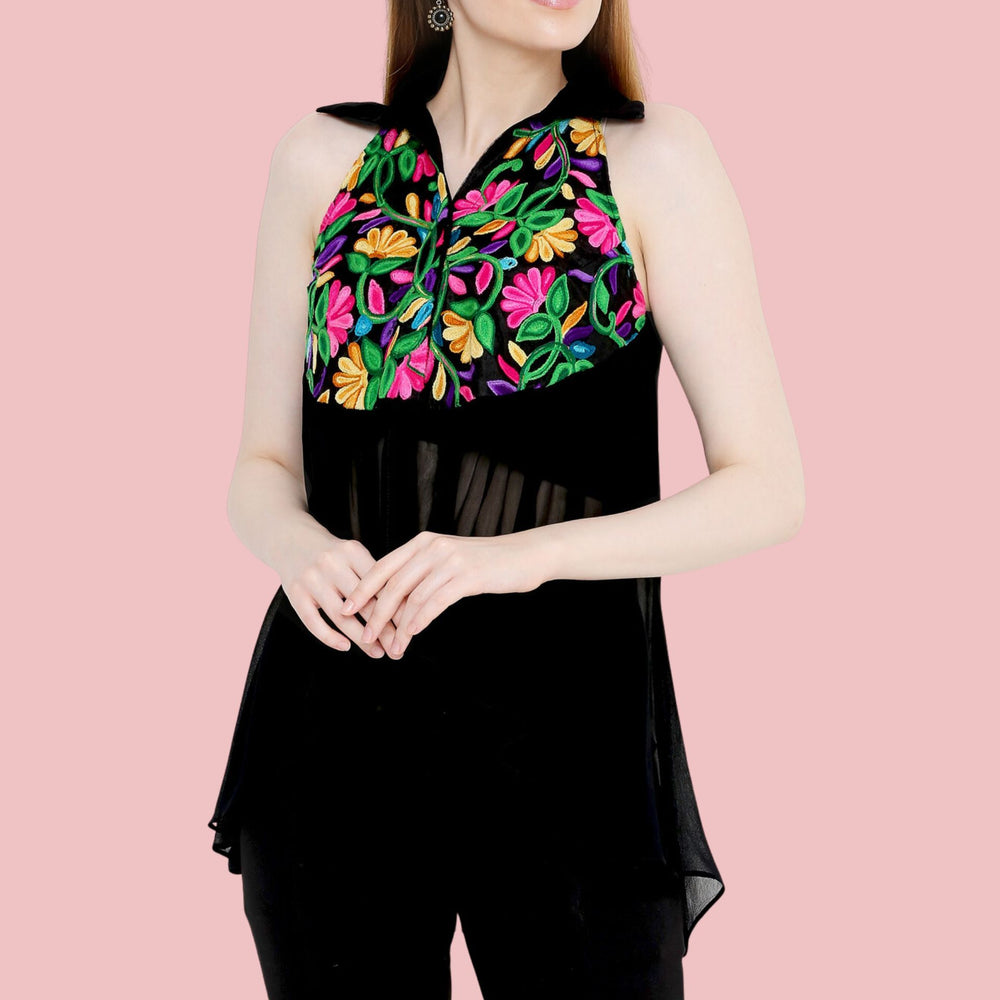 Black Sleeveless Asymmentrical Sleeveless Shirt With Multi-Colour Aari Embroidery