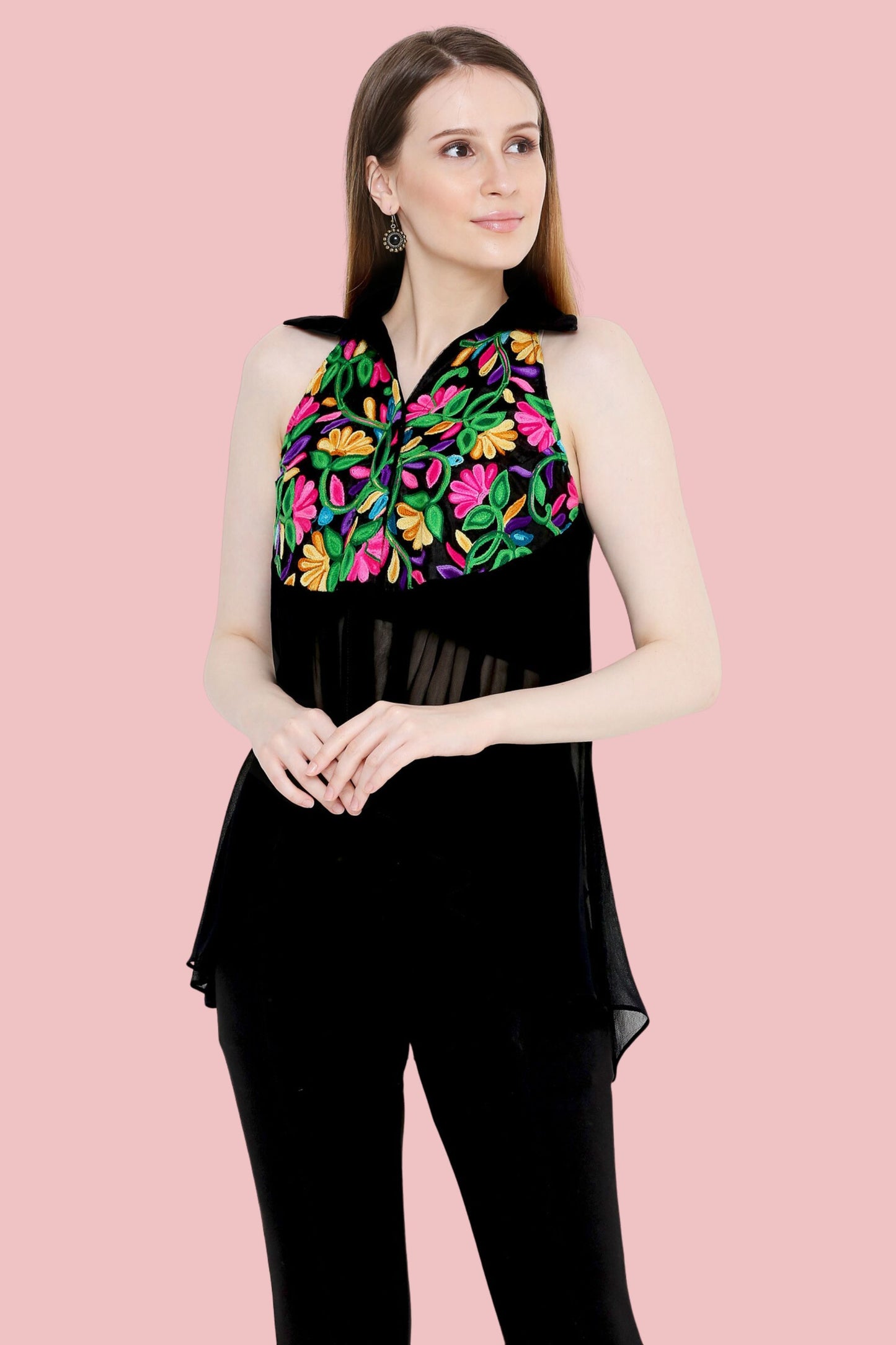 Black Sleeveless Asymmentrical Sleeveless Shirt With Multi-Colour Aari Embroidery