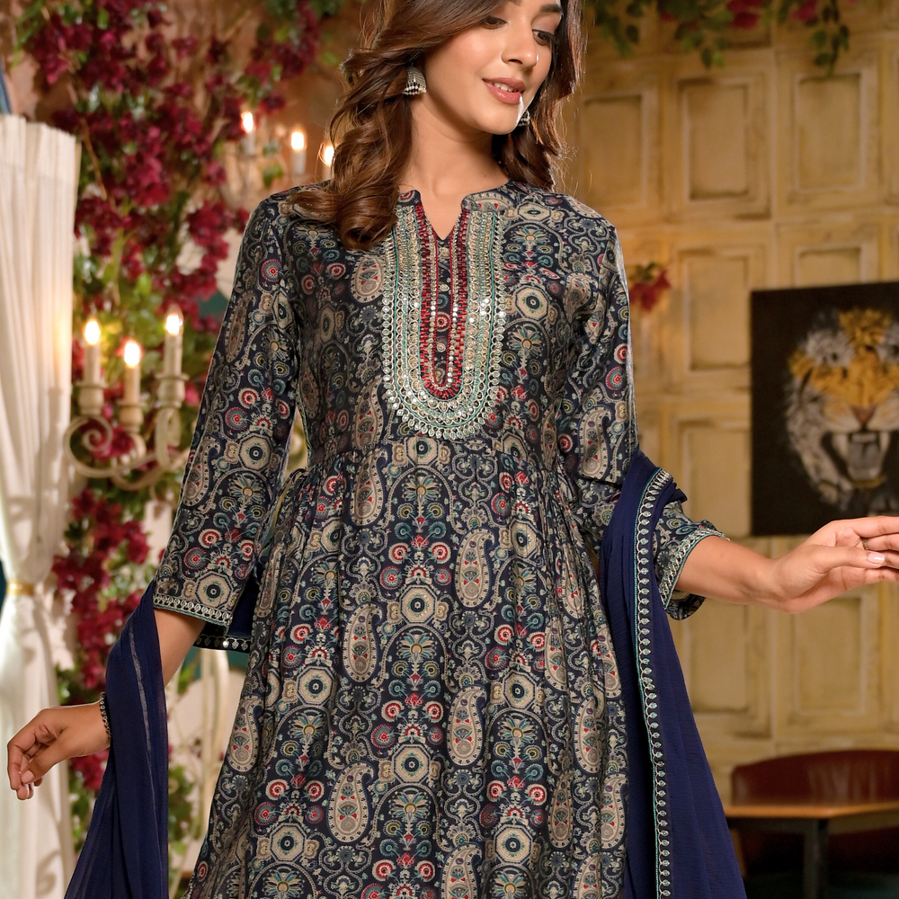 
                      
                        Fit and Flare Midnight Blue Floral Suit Set
                      
                    