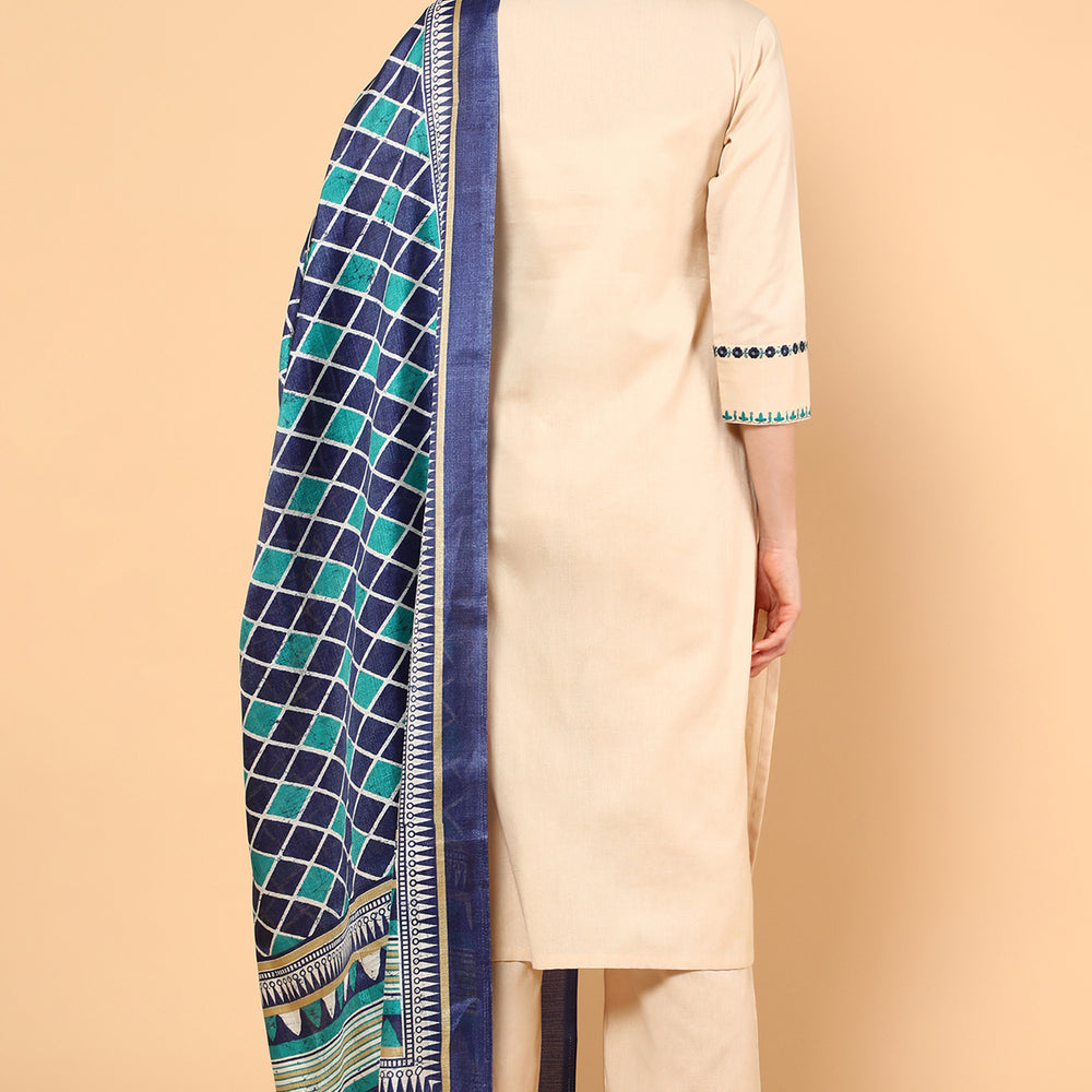 
                      
                        Women Embroidered Sequinned Pure Cotton Linen Kurta With Trousers & Dupatta
                      
                    