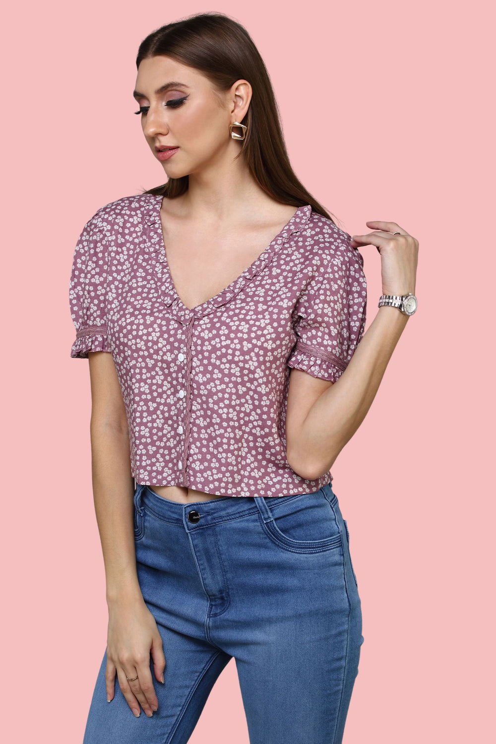 Short Sleeved Floral Printed Purple Top