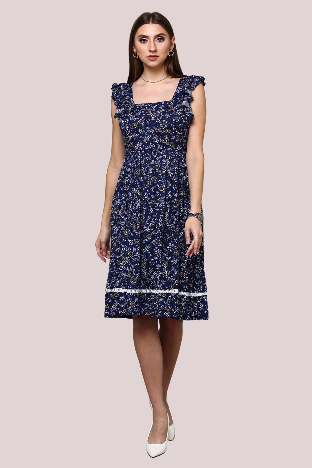 Navy Blue Floral dress with square neckline and lace detail