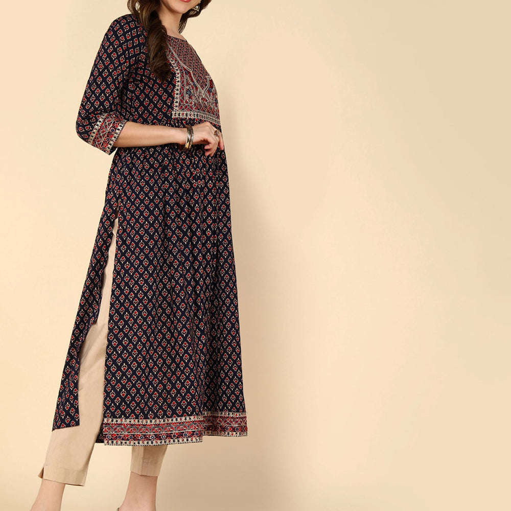 
                      
                        aturabi ajrak print fit and flared pure cotton multi colour yoke embroidery 3/4 th sleeves round neck navy blue and maroon colour kurta
                      
                    