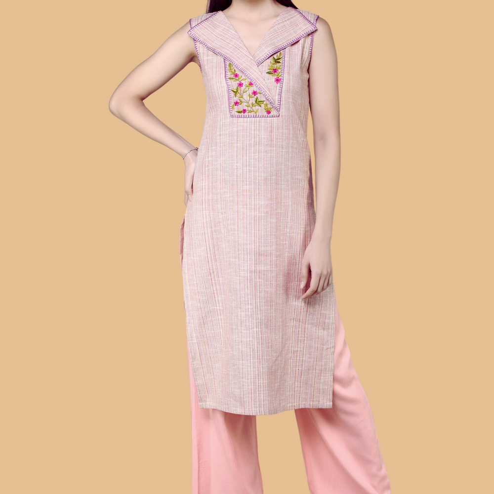 
                      
                        Semi- Knotch Collared Embroidered Yoke  Sleveless Kurta With Palazzos
                      
                    