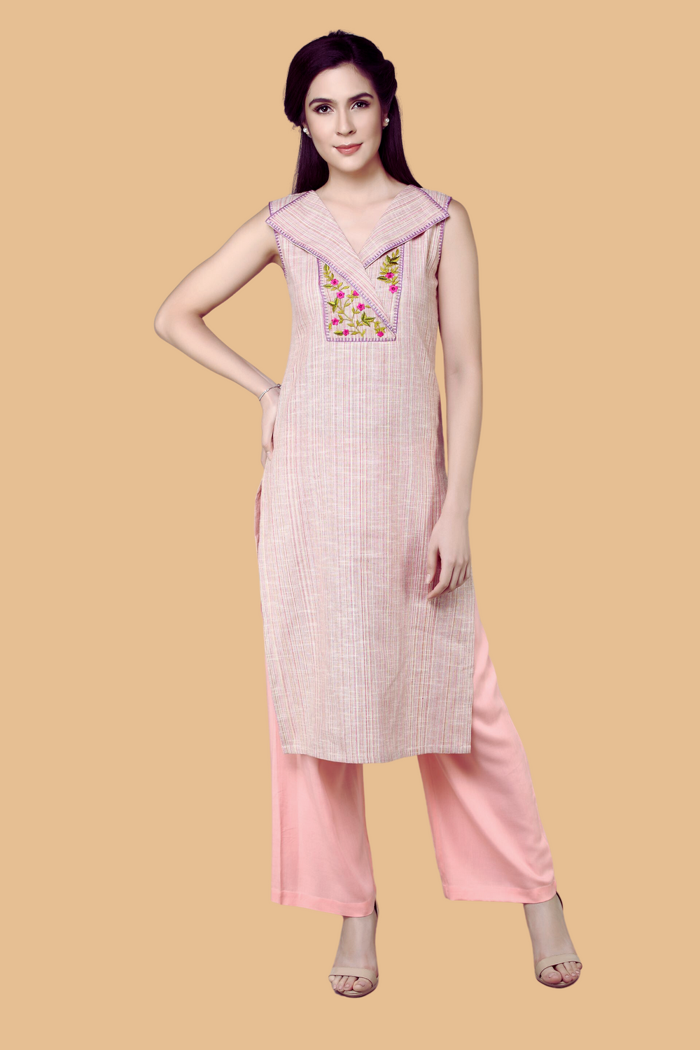 Semi- Knotch Collared Embroidered Yoke  Sleveless Kurta With Palazzos